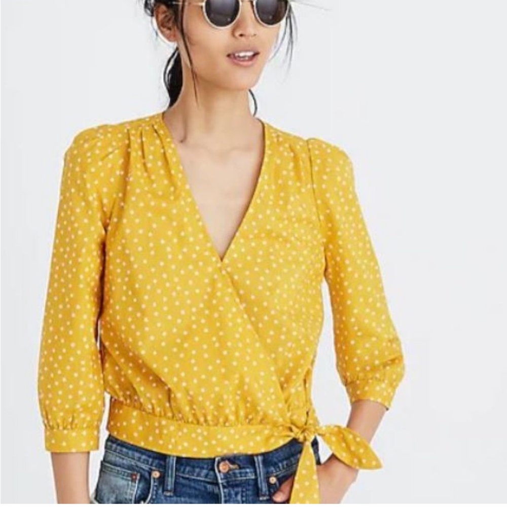 Madewell cropped wrap waist tie star top mustard large cotton